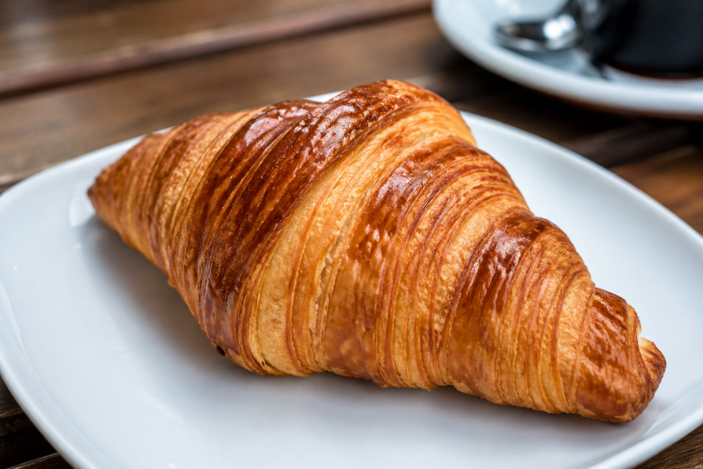 A golden-brown French croissant on a white plate, showing flaky, buttery layers and crisp texture with soft café-style.