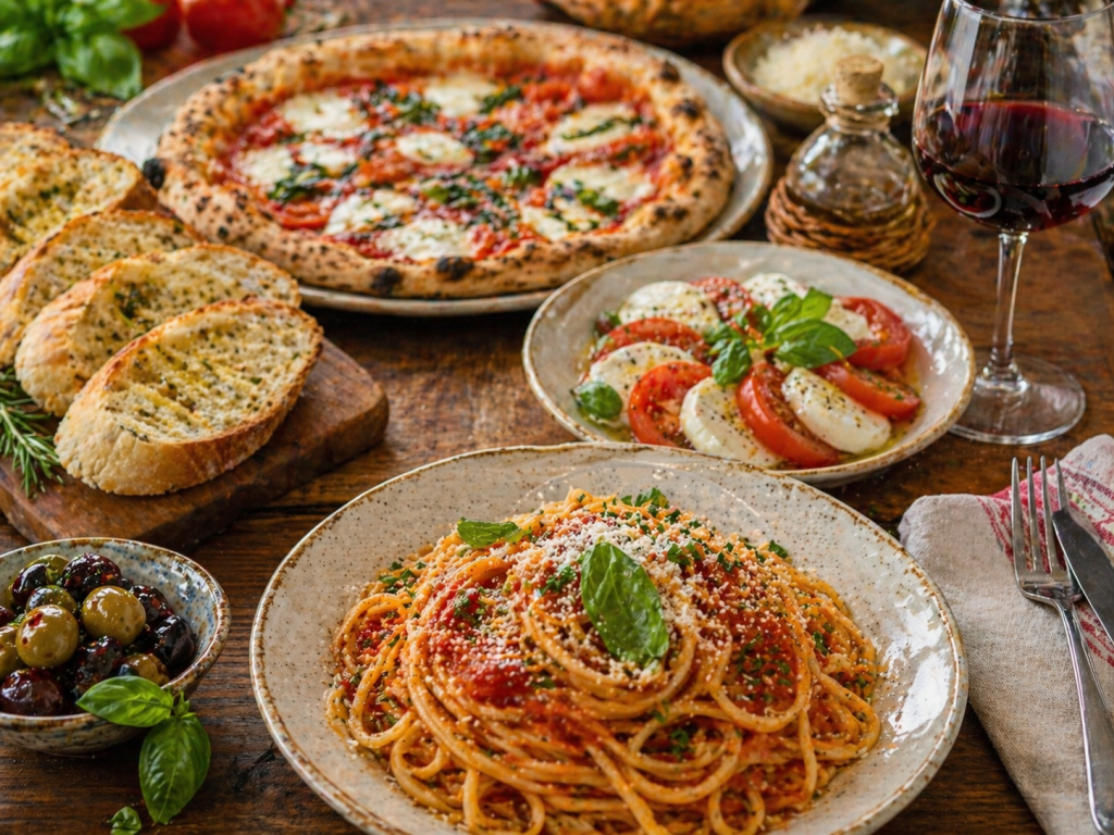 Italian meal with spaghetti, pizza, salad, bread, olives, and red wine on a rustic table