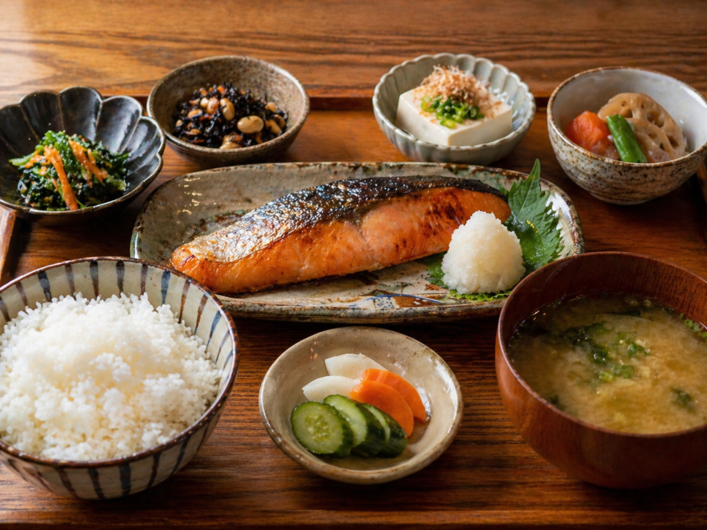 Traditional Japanese meal with grilled salmon, rice, miso soup, and assorted side dishes on a wooden table.