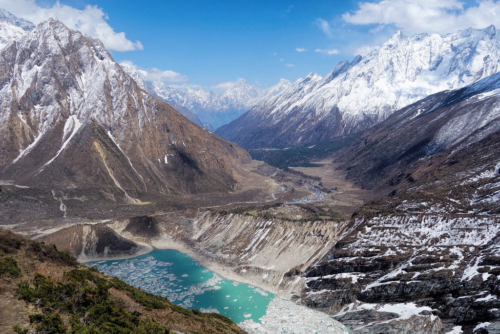 Snowy Himalayan valley with turquoise glacial river.