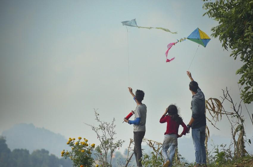 Children flying kites during Dashain festival in Nepal